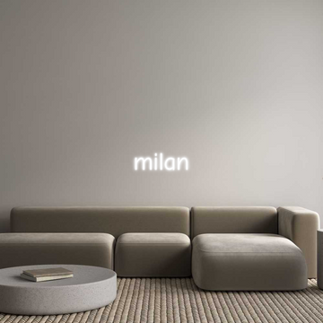 Néon blanc « milan » installé au-dessus d’un canapé dans un salon contemporain