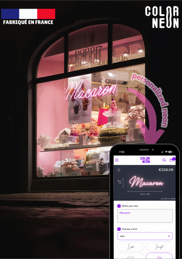Néon rose « Macaron » visible dans une vitrine, avec un aperçu de configuration sur smartphone