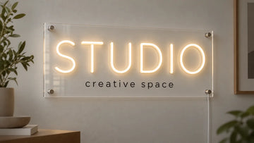 STUDIO sign concept in warm-white neon on clear acrylic, with a smaller printed line underneath
