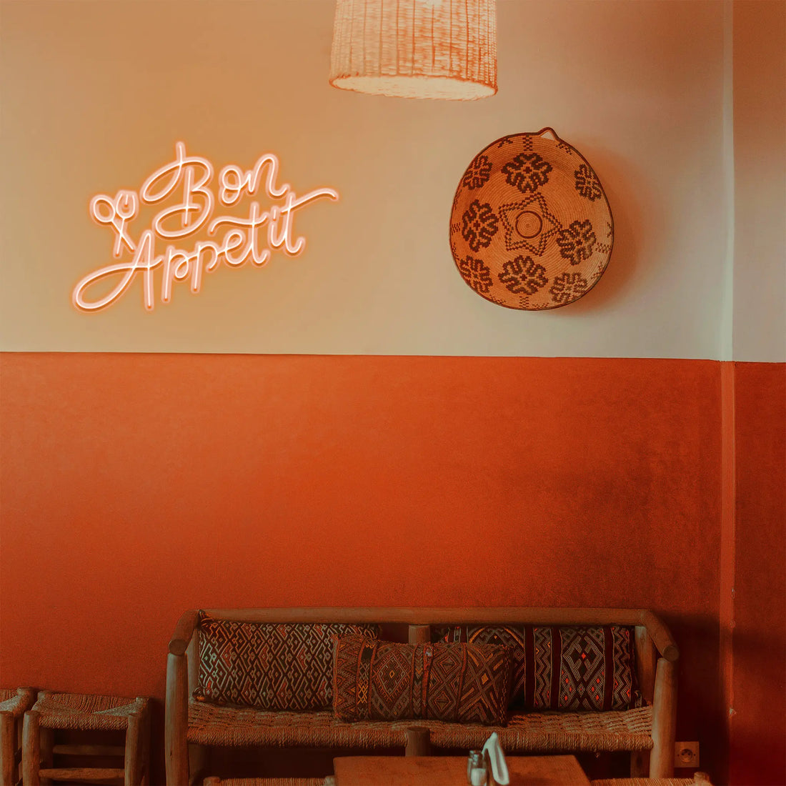 Bon Appétit Neon Light placed in a cozy dining room, creating a welcoming and charming atmosphere.