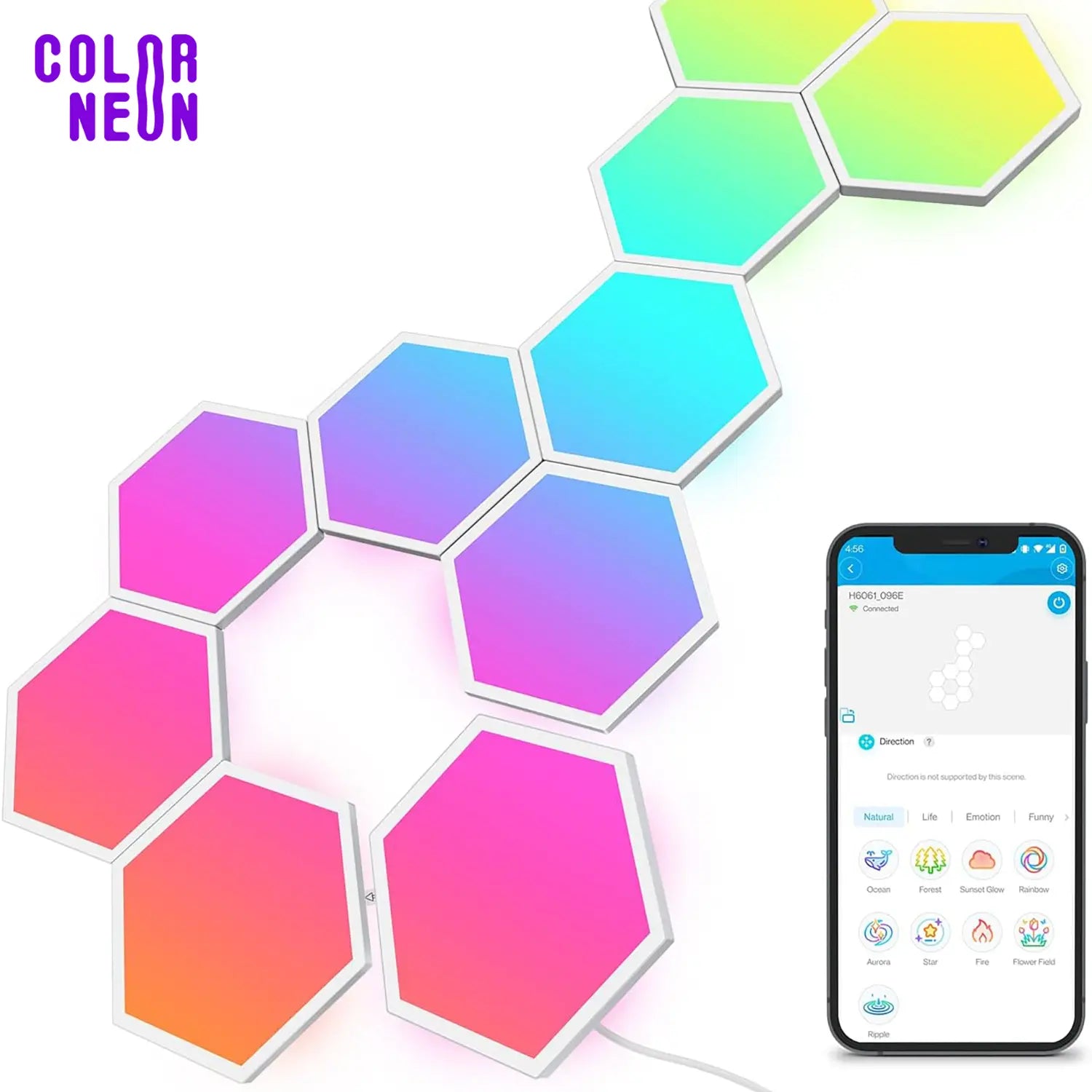 HexaGlow Smart LED – Ensemble de panneaux muraux RGB connectés avec synchronisation musicale et contrôle via application mobile. Parfait pour une décoration lumineuse interactive.