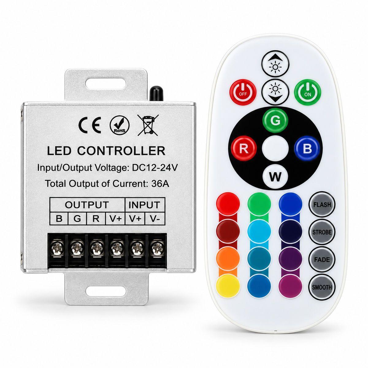 Télécommande infrarouge 24 touches et contrôleur RGB 36A pour néon et ruban LED — Color Neon