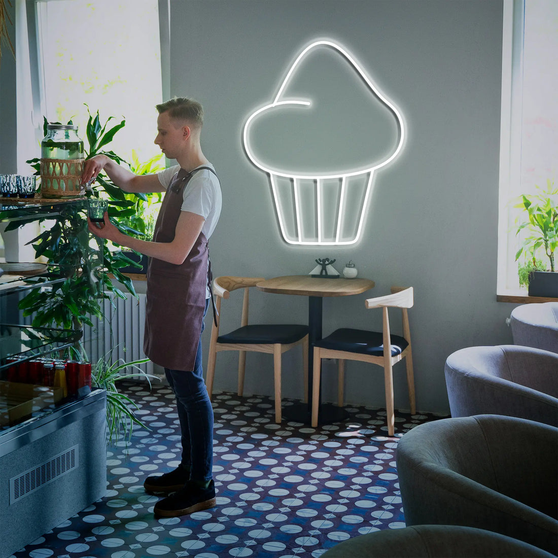 "Cupcake Neon Light illuminated with bright neon colors, creating a whimsical atmosphere for kitchens or dessert shops.