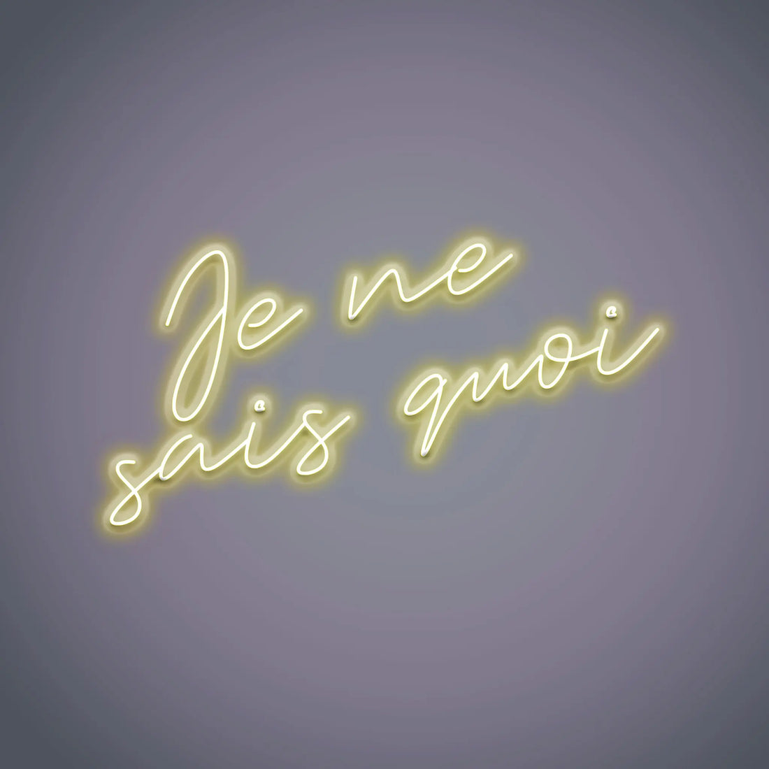 Close-up of the Je Ne Sais Quoi Neon Sign, glowing with a chic, elegant design that represents a certain charm and mystery.