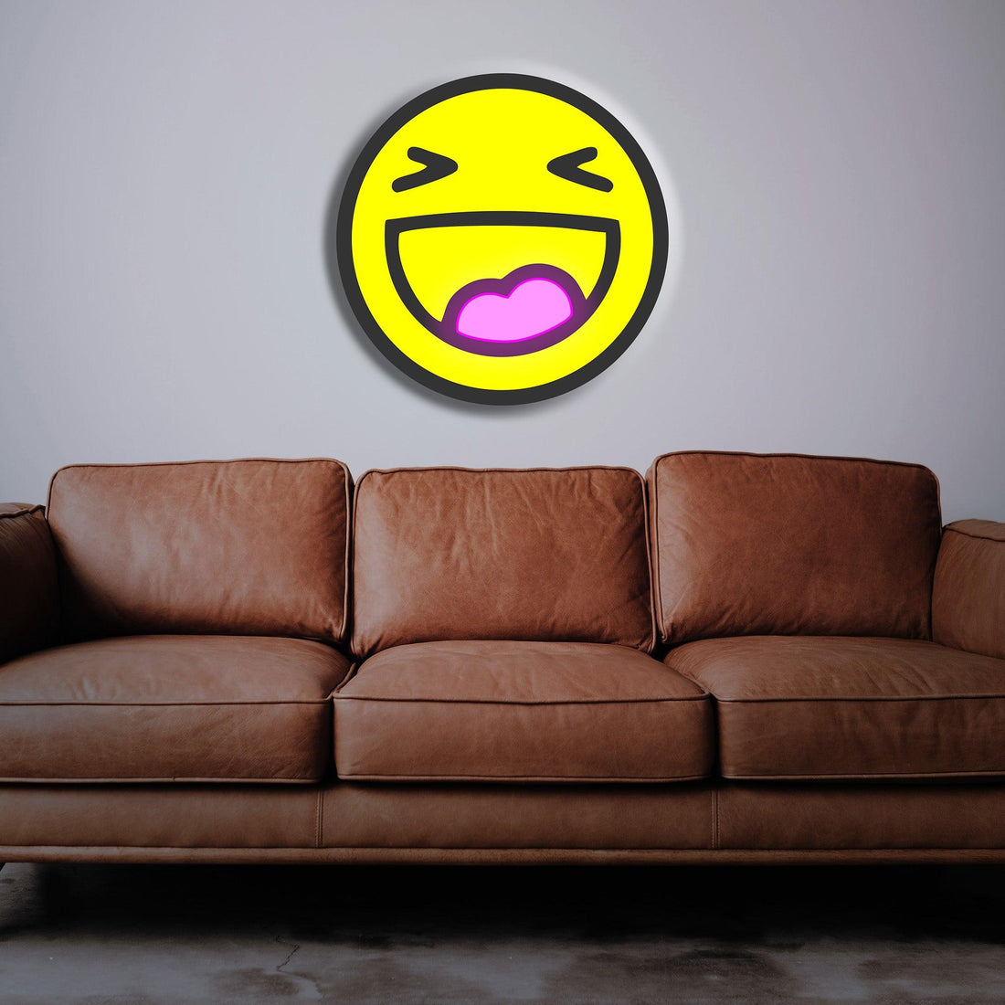 "Laughing Emoji Neon Sign bringing vibrant humor to any room."