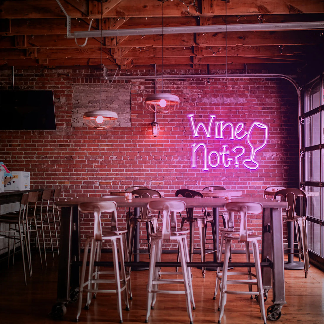 Wine Not? Neon Sign glowing brightly, creating a fun and inviting ambiance for wine enthusiasts.